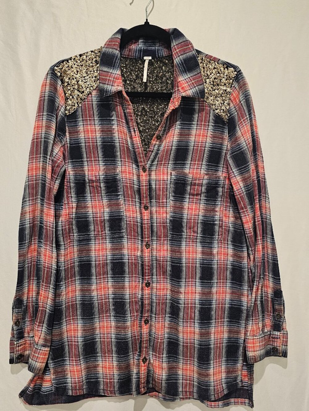 Free People Women's S Little Bit of Sugar Plaid Flannel Sequin Button Shirt